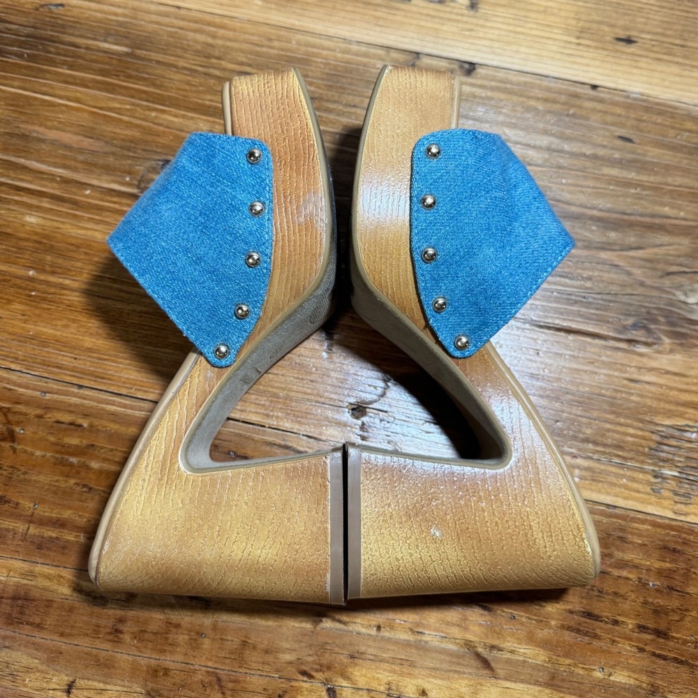 CHUNKY PLATFORM SANDAL Studded DENIM Clog Slide Size 6.5 Faux Wood Block Heel - Picture 6 of 9